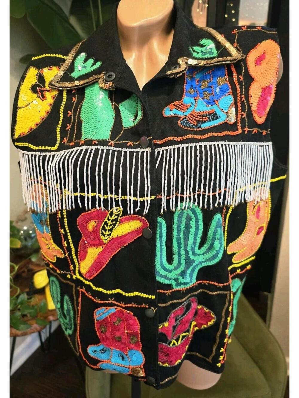 Vtg MODI Sequin Western Vest XL Black Beaded Fringe Cowboy Cactus Rodeo 90s Glam